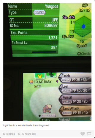 Illustration for article titled Pokemon Sun and Moon's Wonder Trade Is Full of Monsters Named Donald Trump